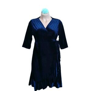 Velvet Velour Wrap Dress Women 2XL Blue Ruffle Classic Holiday Party Minimalist